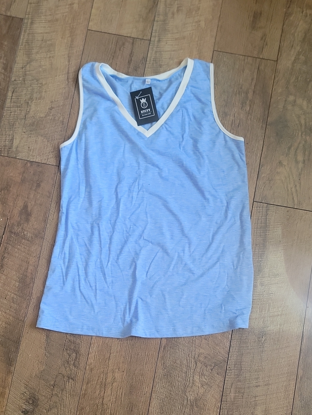 V-Neck Light Blue Tank Top with White Trim